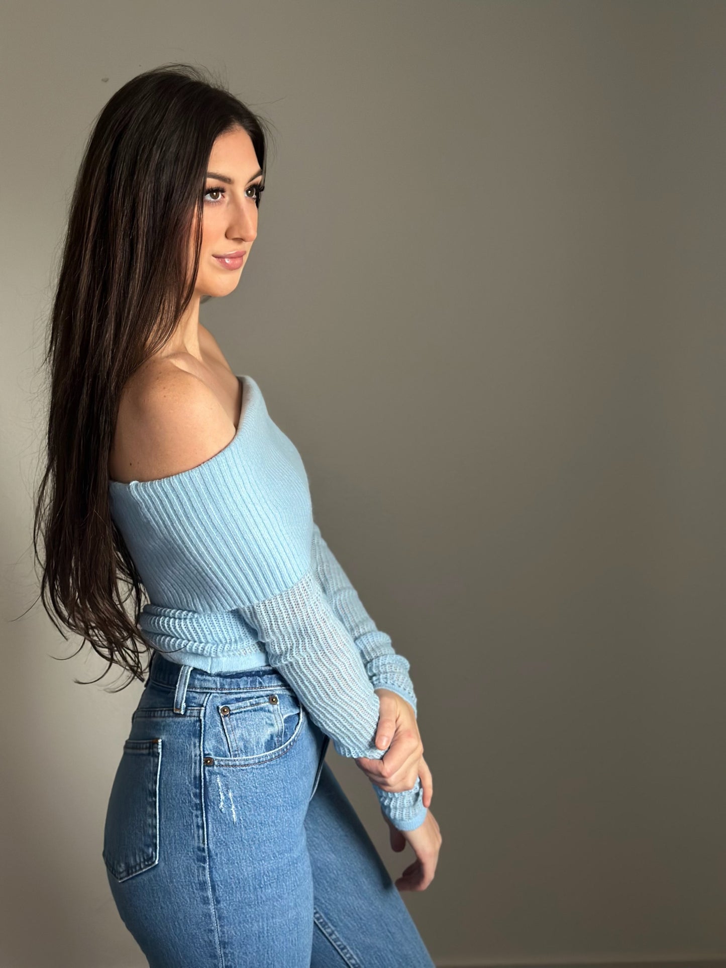 Sky Off The Shoulder Ribbed Sweater
