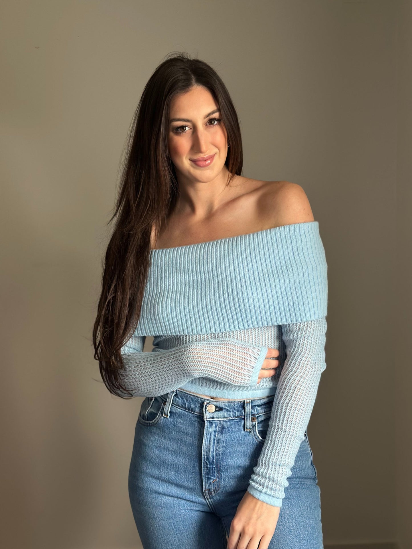 Sky Off The Shoulder Ribbed Sweater