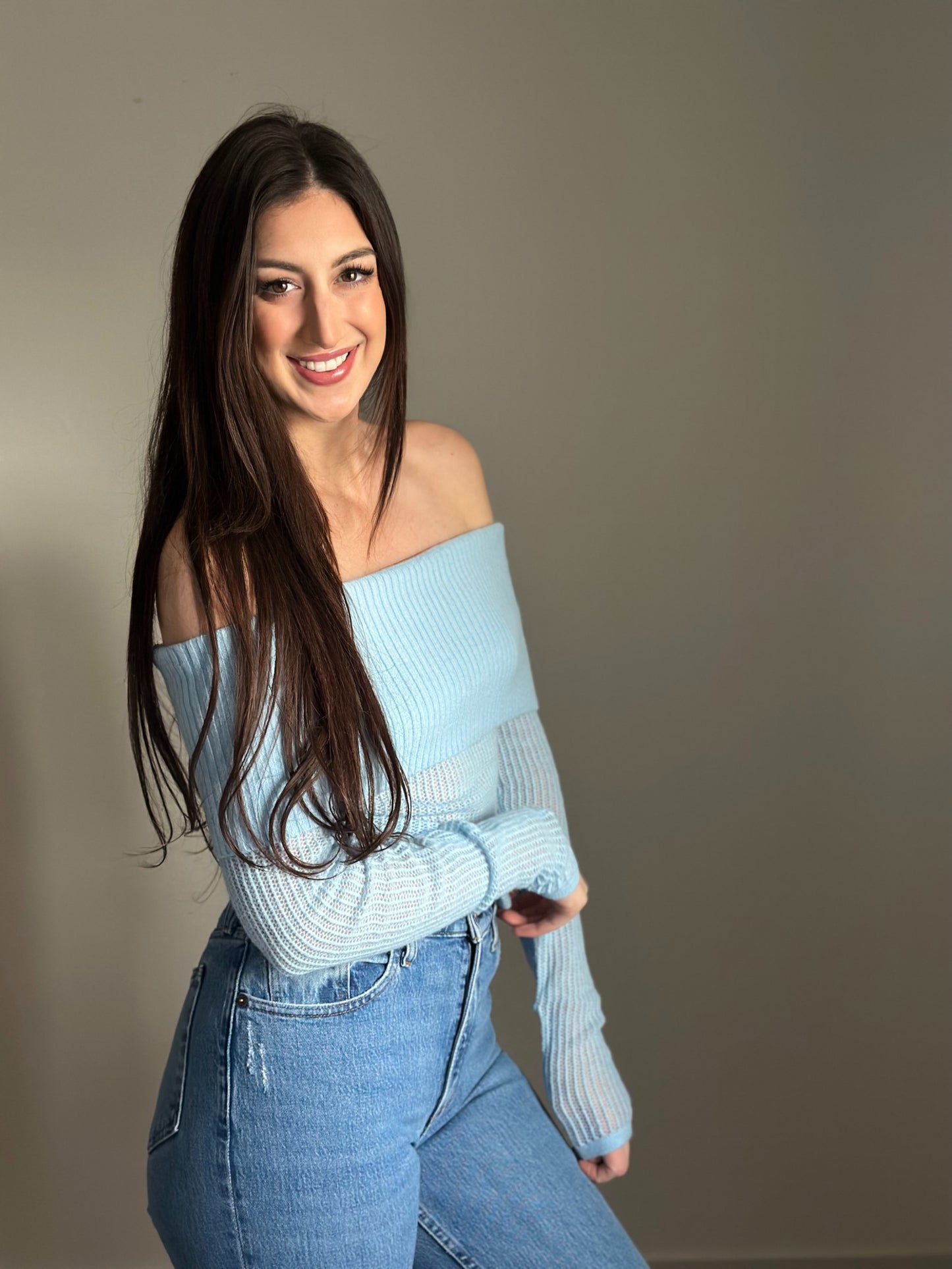 Sky Off The Shoulder Ribbed Sweater