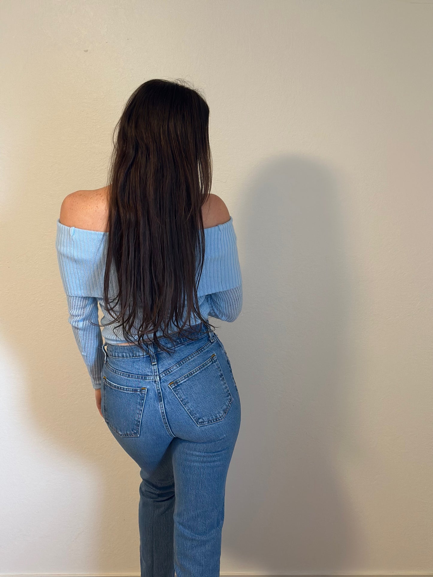Sky Off The Shoulder Ribbed Sweater