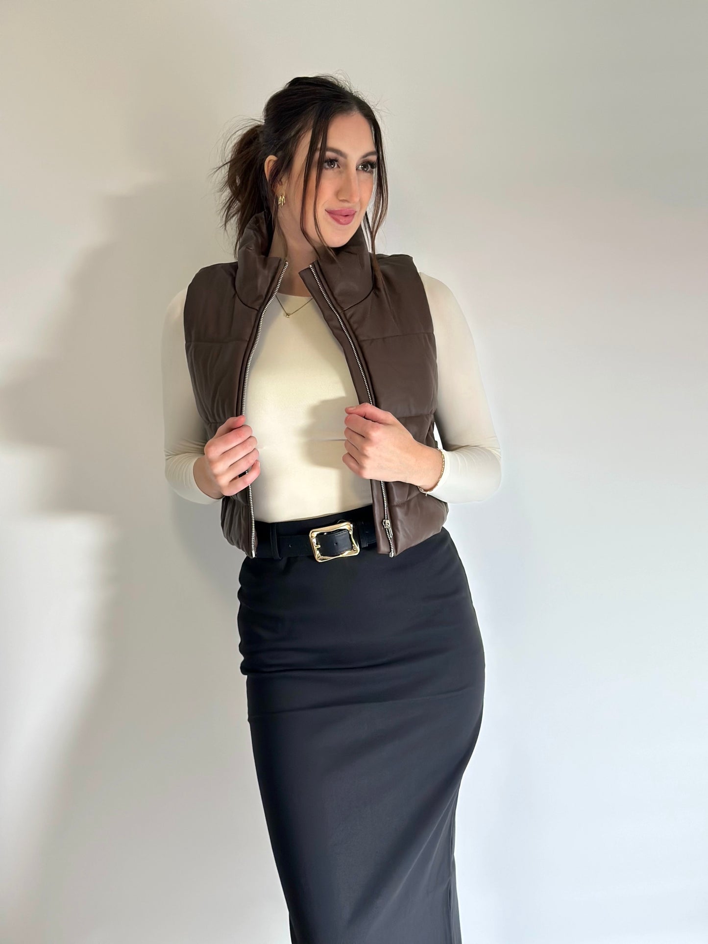 Faux Leather High Neck Zip Up Puffer Vest