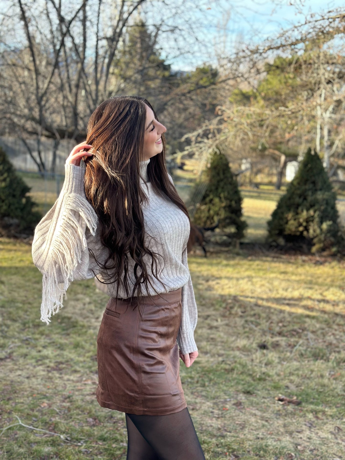 Turtle Neck Back Fringe Shaggy Oversized Sweater Top