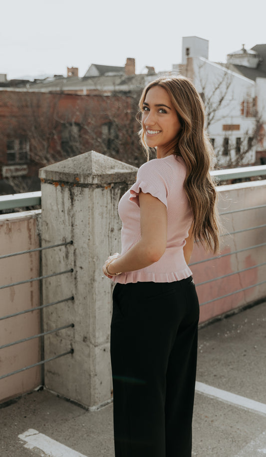 Carly Lettuce Hem Short Sleeve Sweater Knit Top