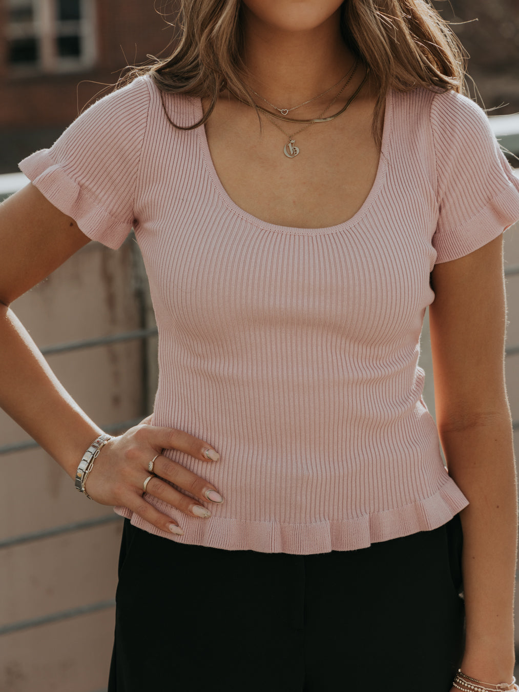 Carly Lettuce Hem Short Sleeve Sweater Knit Top