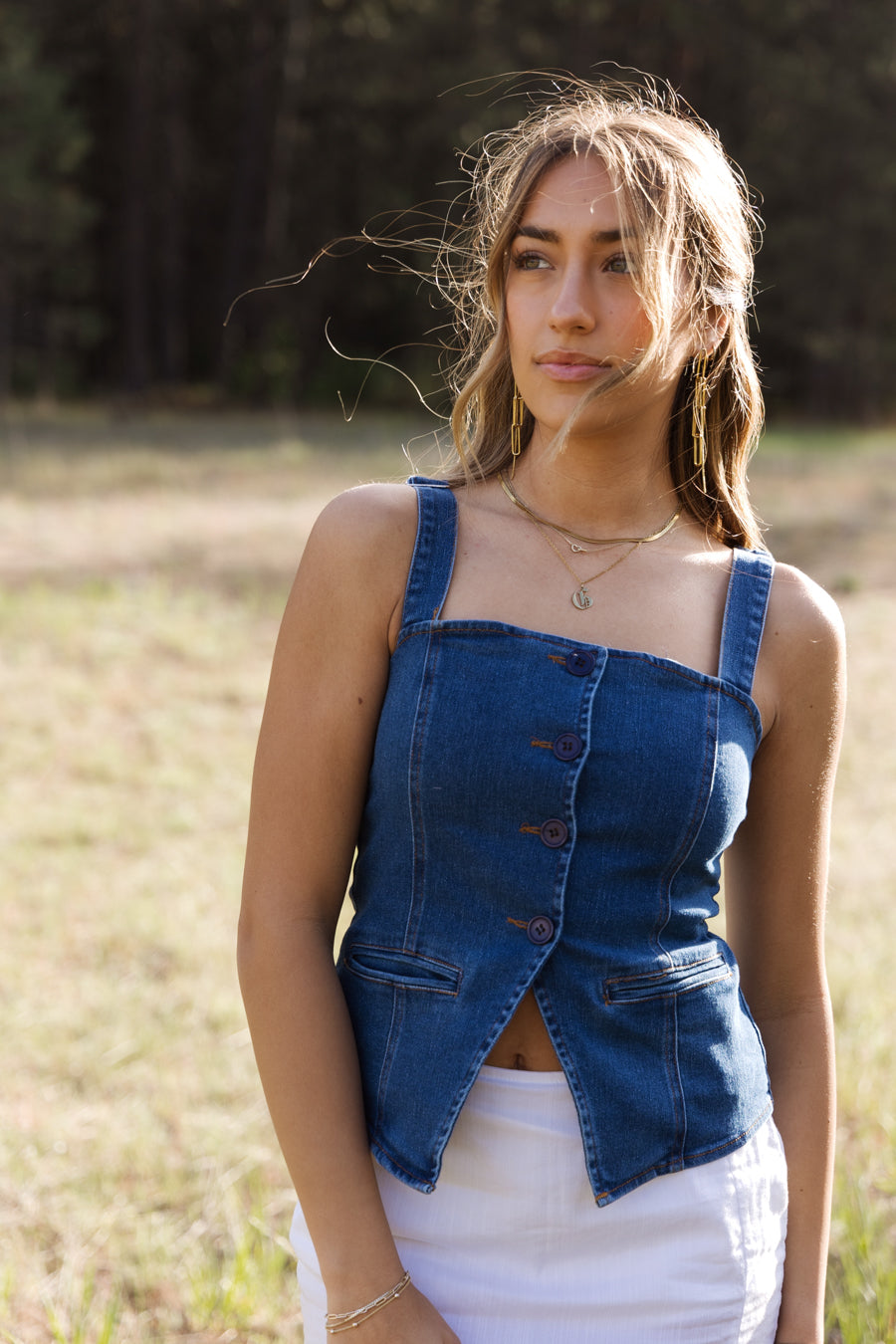 Melanie Button Down Fitted Sleeveless Denim Top