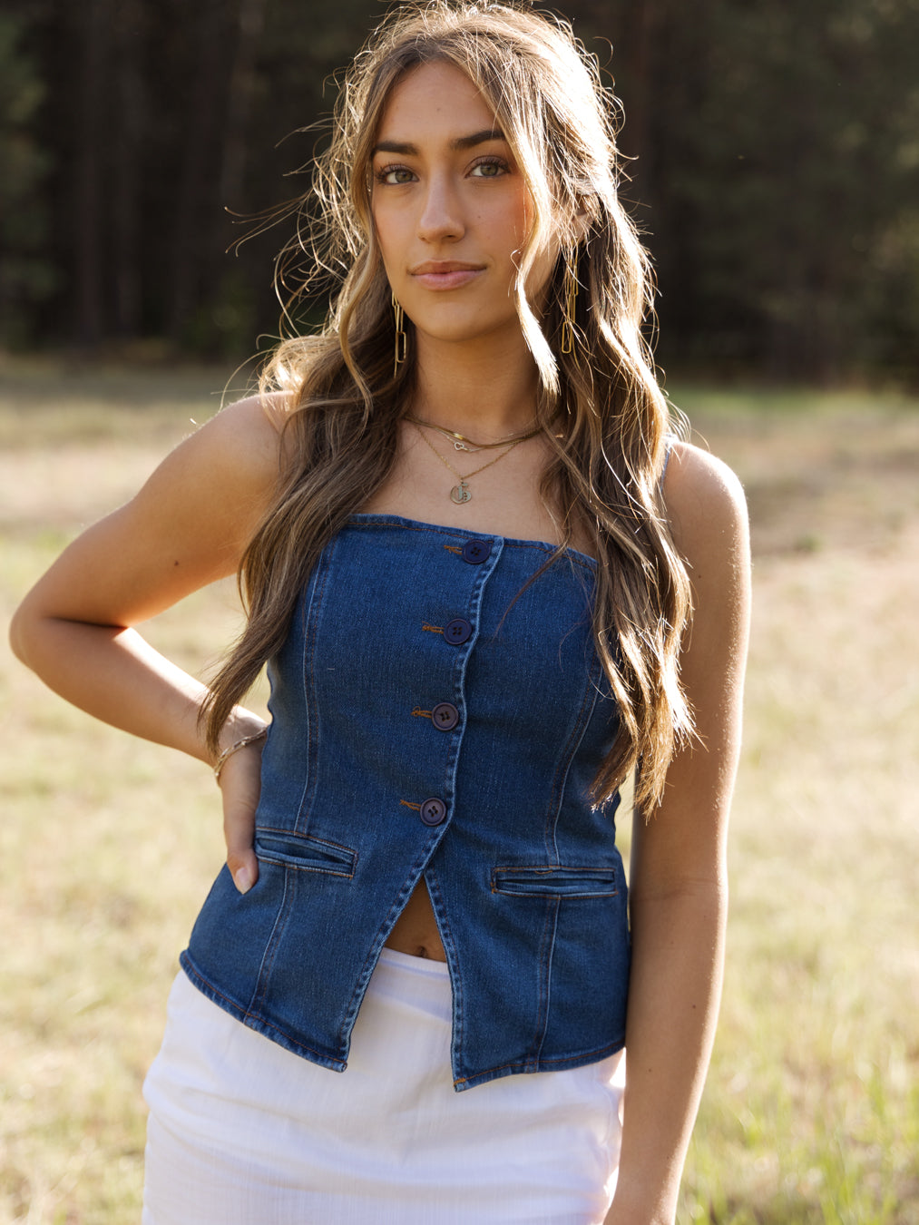 Melanie Button Down Fitted Sleeveless Denim Top