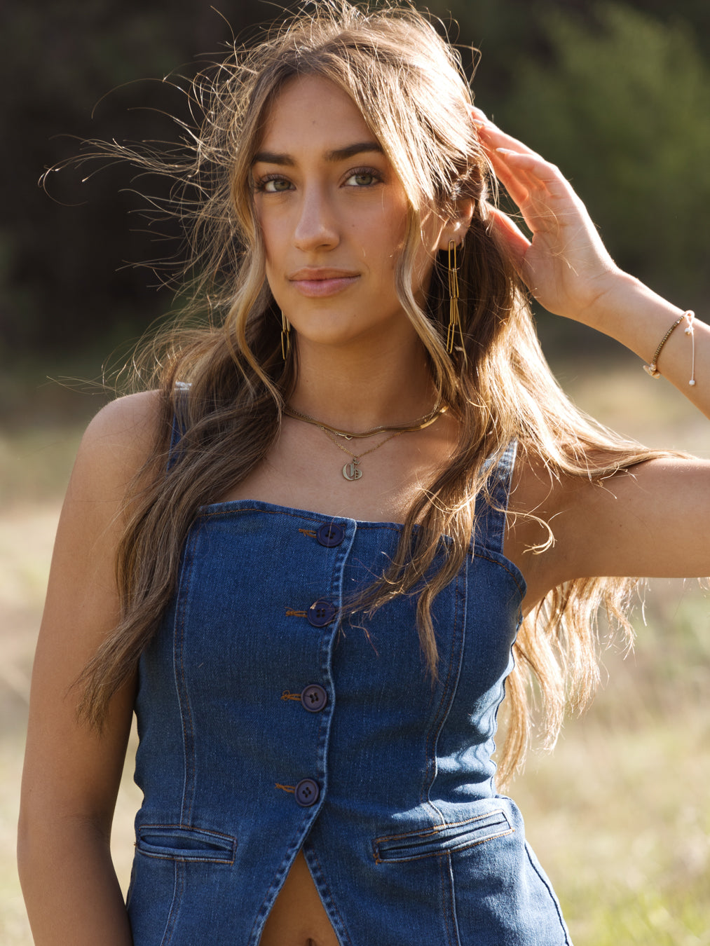 Melanie Button Down Fitted Sleeveless Denim Top