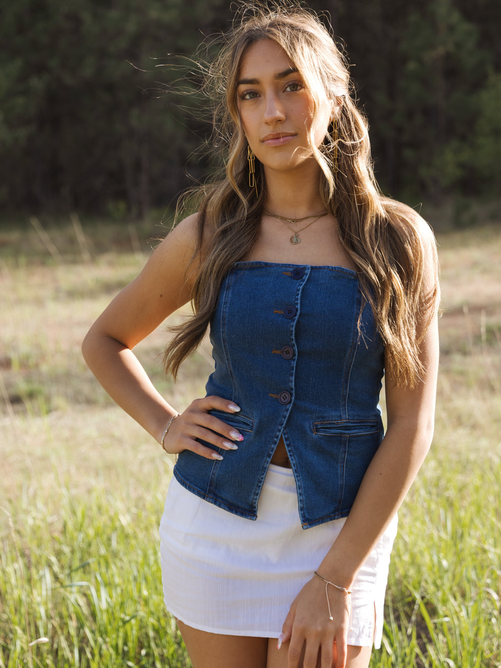 Melanie Button Down Fitted Sleeveless Denim Top