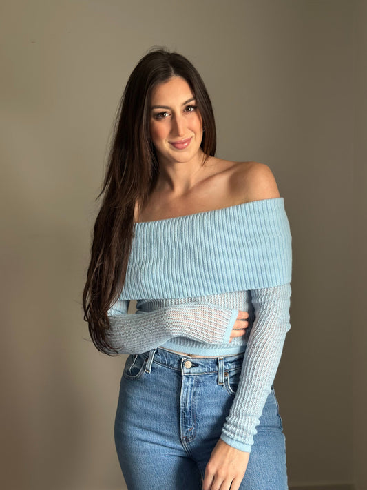 Sky Off The Shoulder Ribbed Sweater
