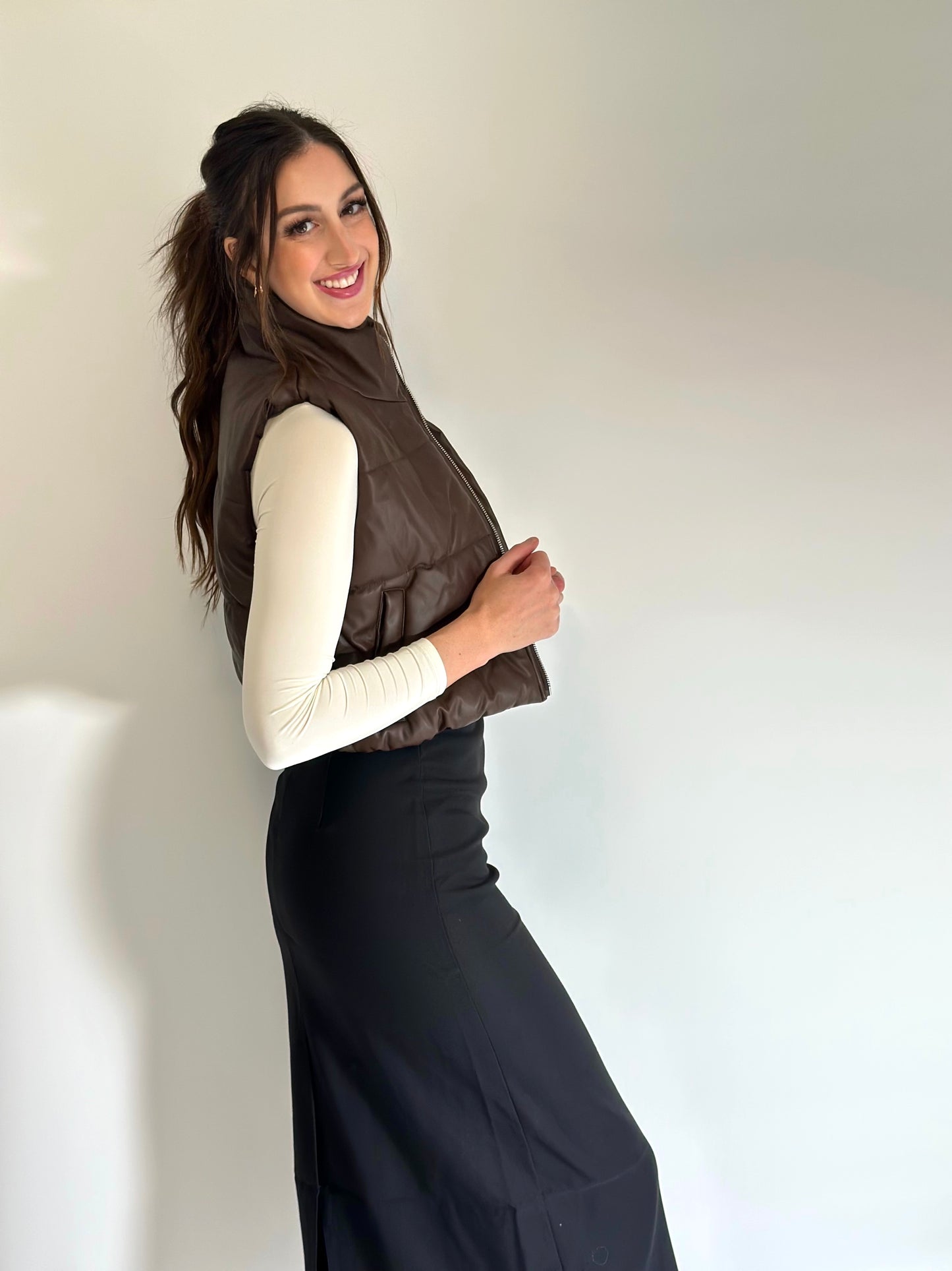 Faux Leather High Neck Zip Up Puffer Vest