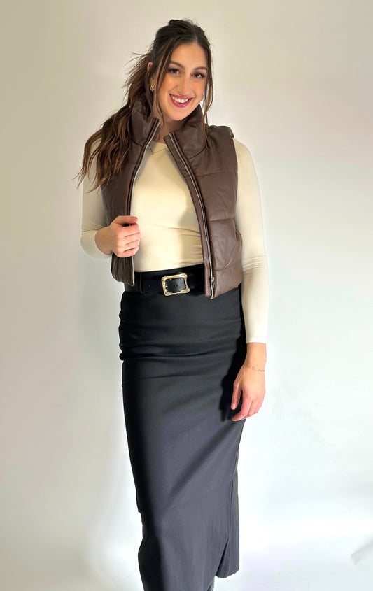 Faux Leather High Neck Zip Up Puffer Vest